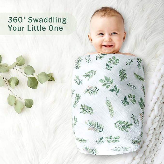 3-Pack 100% Cotton Muslin Swaddle Blankets, Large 47 x 47 Inches — Breathable Soft Receiving Blankets for Newborns, Swaddling Wraps, Registry Gift (Leafy Green Nature)