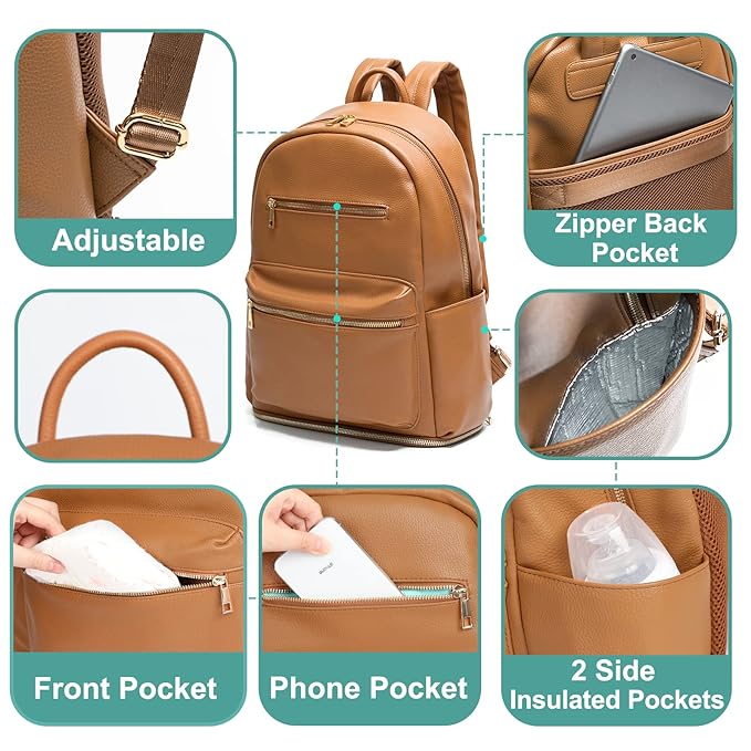 MOMINSIDE Diaper Bag Backpack, Diaper Bags Baby Diaper Bag 13 Pockets Leather Mini Baby Bag Backpack, Breast Pump Bag, 2 Insulated Pockets, Backpack Diaper Bag, Brown