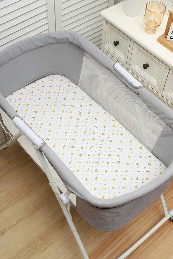 Onacosht Muslin Bassinet Sheets 3 Pack, 100% Cotton Baby Fitted Sheet 33" x 19" Compatible with Mika Micky, KoolaBaby (3 in 1), BabyBond, HARPPA and RICUTON Bedside Bassinet, Leaf and Floral Beige