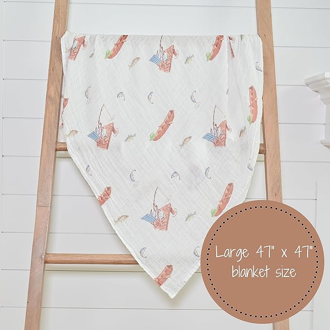 LollyBanks Muslin Swaddle Blankets 2PACK, 100% Cotton Baby Blanket 47 x 47 Inches, Large Baby Swaddle Breathable, Muslin Blankets for Boys and Girls (Mallard Duck and Fishing Print)