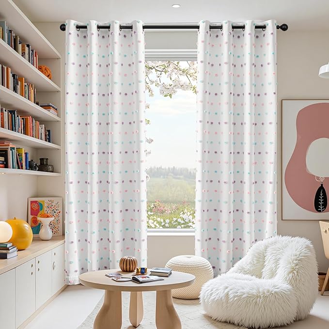 MEETSKY 100% Blackout Curtains for Kids Bedroom 90 Inch Length 2 Panels,Full Light Blocking Curtains for Living Room Grommet Thermal Insulated 2 Layered Drapes with Rainbow Pom Pom Sheer 52"W x 90"L