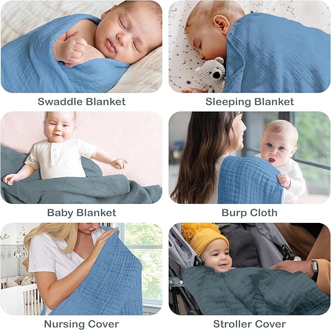 100% Organic Cotton Muslin Baby Blanket - 47 x 47 Inch Breathable Muslin Swaddle Blanket, Hypoallergenic Double-Layer, Soft and Cozy Blankets for Sleeping & Everyday Use (Slate/Aquarius)