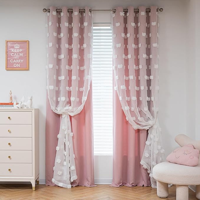 MYSKY HOME Pink Curtains for Girls Bedroom 84 Inches Long Blackout Nursery Curtains Double Layer Pom Pom Sheer Overlay Kids Toddler Room Decor Grommet Privacy Room Darkening Window Drapes 52 x 84 Inch