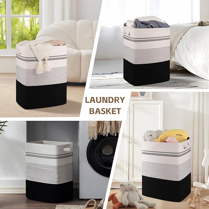 Laundry Basket, Large Woven Rope Tall Laundry Basket with Handles, Decorative Storage Basket for Clothes and Blankets in Living room, Bedroom