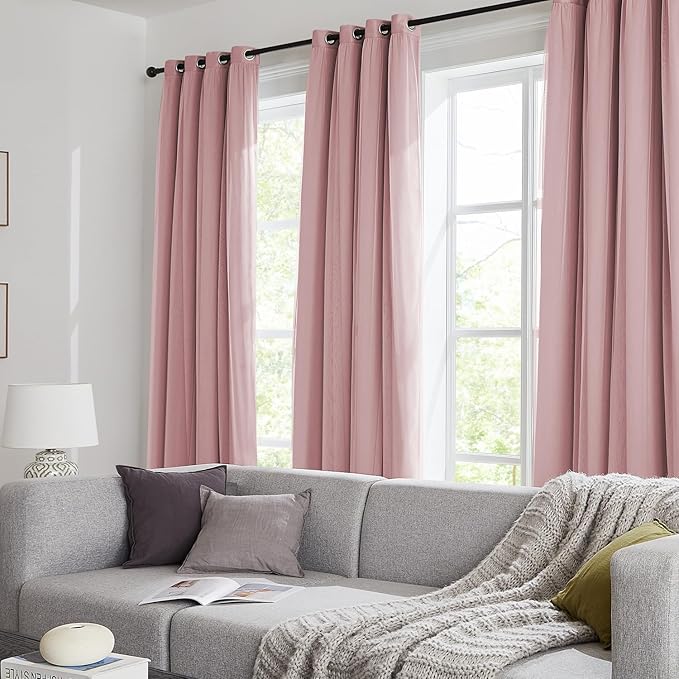 100% Blackout Curtains for Bedroom, Double Layer Pink Curtains, Black Out Curtain 63 inch Long with Sheer Overlay for Living Room, Room Darkening Window Drapes with Grommet, 52" W x 63" L