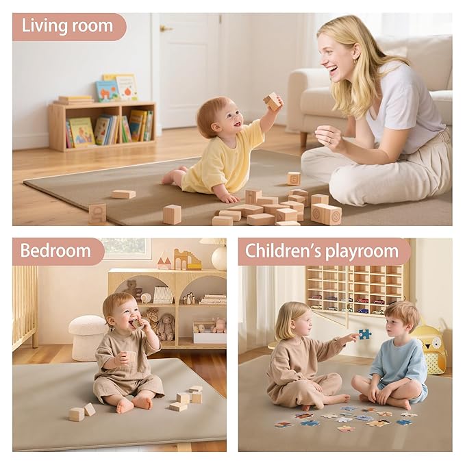 PapaMama 1.3" Thick Plush Baby Crawling Mat, 50x50 Playpen Mat, Ultra Soft Foam Play Mats for Baby, Water-Repellent Coral Velvet for Tummy Time, Nursery Rug with Non-Slip Backing, Non Toxic Suitable Toddlers(Beige)