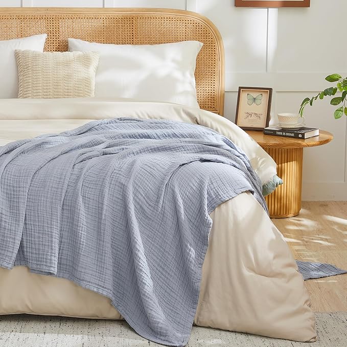 EMME Cotton Muslin Large Throw Blanket Couch Breathable Gauze Blanket Soft Lightweight Bed Blankets Adults (Dusty Blue, 50"x70")