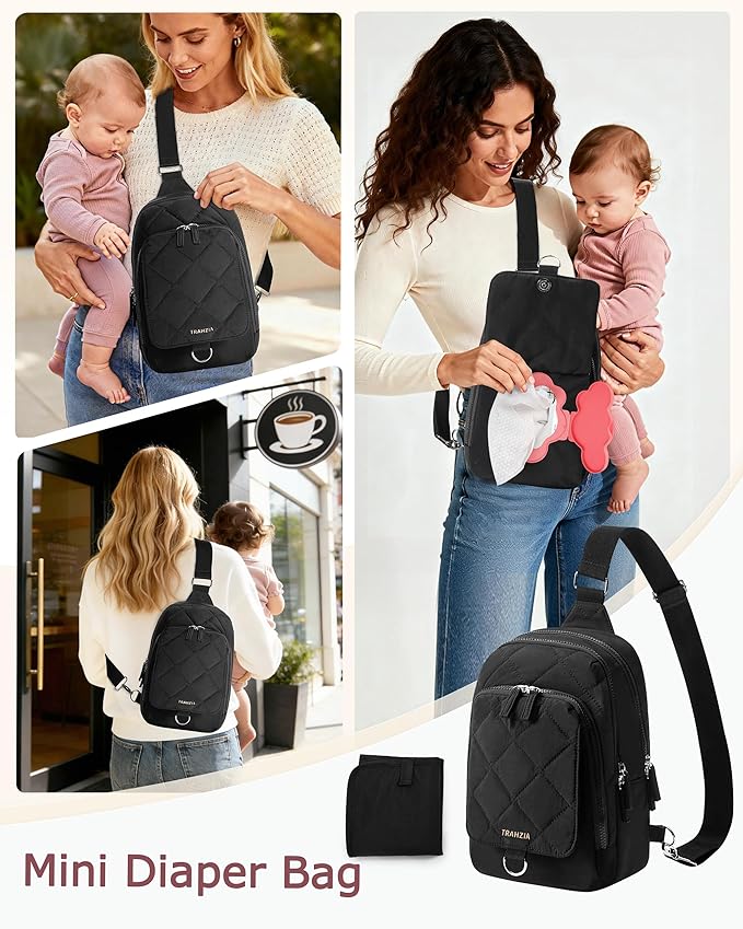 Mini Diaper Bag with Portable Changing Pad, Small Crossbody Diaper Purse with Wipe Pouch for Travel and Daily Use, Black (Empty Bag)