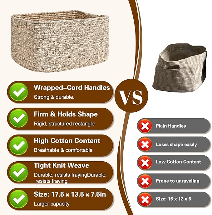 4 Pack Large Storage Basket for Organizing, 17.5"x13.5"x7.5" Woven Basket for Shelves, Closet Cube Storage Bins with Wrapped Handle, Cotton Rope Baskets for Kitchen, Clothes, Toys(Natural)