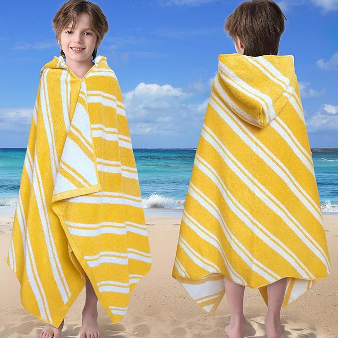 VOOVA & MOVAS Hooded Bath Towels for Kids (3-10Years,27.5"x55"),100% Cotton Absorbent Soft Towel Wrap for Toddler Boys,Perfect for Bathroom | Pool | Beach | Swimming, Jacquard Yellow Stripe