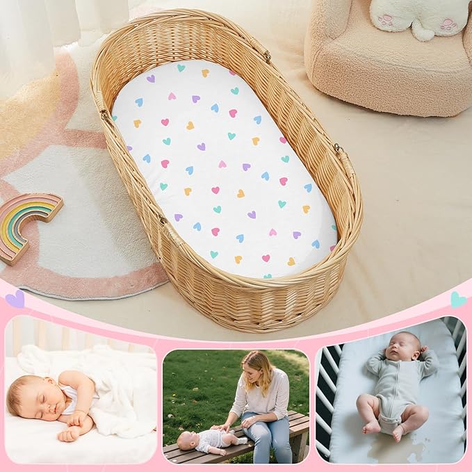 FIOBEE Baby Bassinet Sheets for Girls Boys 2 Pack Waterproof Bassinet Mattress Elastic Fitted Crib Sheets Universal Fit for Hourglass Oval and Rectangle Bassinet Sheet, White & Pink