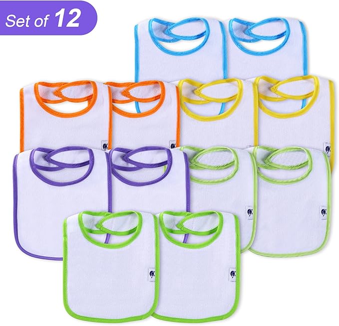 Nvatorfox 12 Pack Terry Drool Cotton Bibs, Unisex Baby Bibs with Fiber Filling Waterproof for Feeding, Teething, Drooling