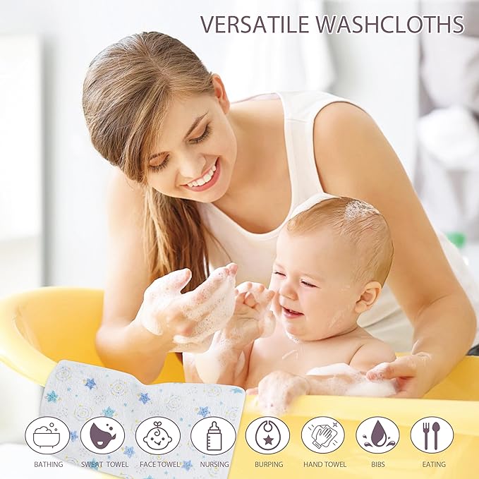 4 Pack Baby Washcloths 100% Cotton Soft and Absorbent Terry Wash Cloths for Sensitive Skin Face Hand Body Burp Rag Wipes Essentials for Newborns Infants Toddlers Girls Boys