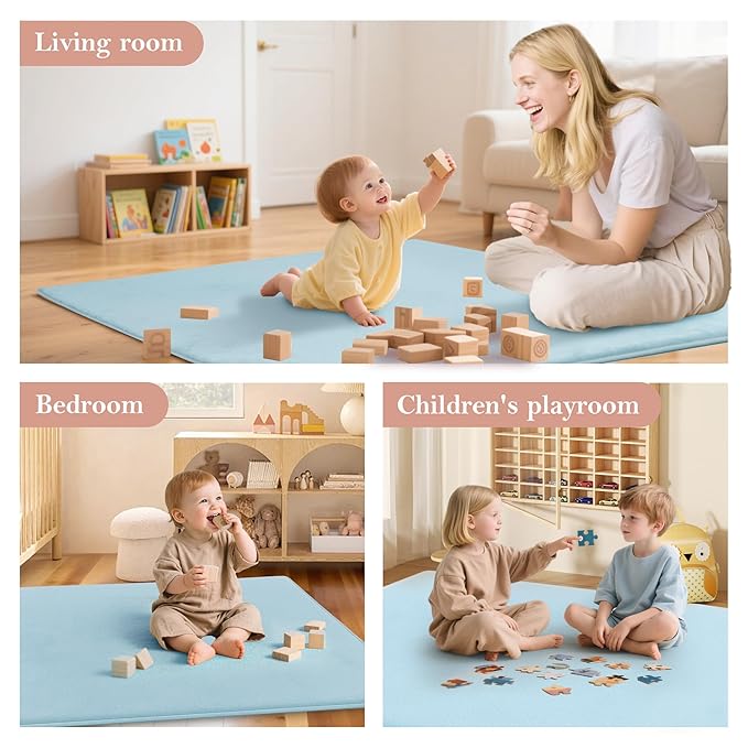 PapaMama Baby Play Mat,1.3" Thick Memory Foam 50x50 Soft Velvet Playpen Mat for Kids,Infants,Toddlers,Tummy Time Crawling Mats with Non-Slip Bottom,Yoga,Tatami,Nursery Rug(Sky Blue)