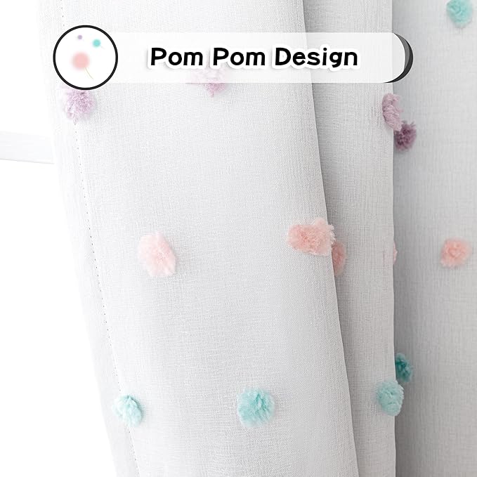 MYSKY HOME Kids Blackout Curtains for Boys Bedroom 84 Inch Long 100% Light Blocking Cute Curtains for Playing Room 2 Panels Grommet Nursery Drapes with Rainbow Pom Pom Sheer 2 Layered 52W x 84L