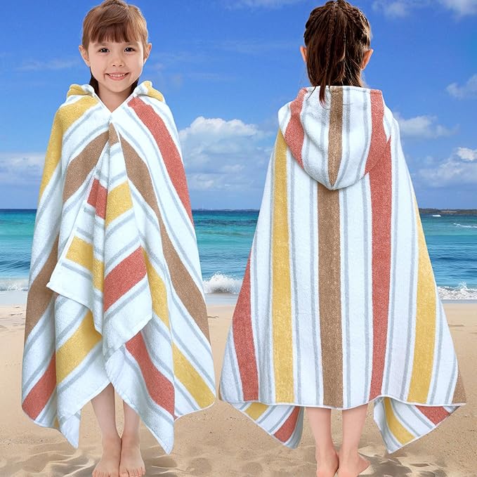 VOOVA & MOVAS Hooded Bath Towels for Kids (3-10Years,27.5"x55"),100% Cotton Absorbent Soft Towel Wrap for Toddler Boys,Perfect for Bathroom | Pool | Beach | Swimming, Jacquard Stripe