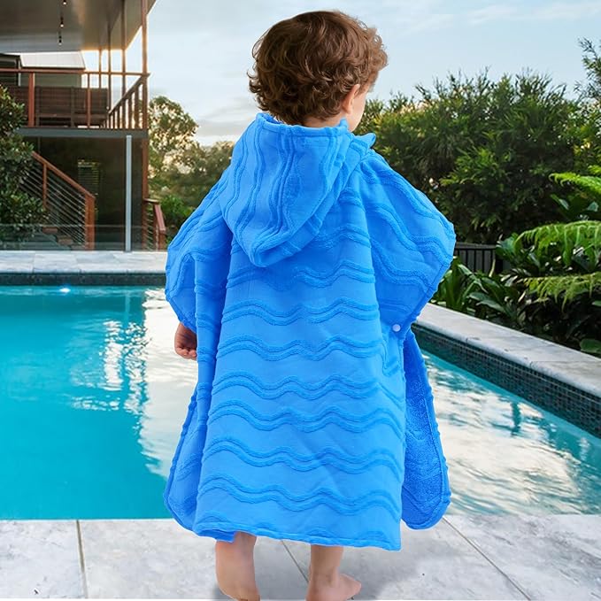Toddler Bath Towels with Hood, Oversized (2-4Years,22"X22") Made from 100% Soft Cotton,Absorbent Hooded Poncho Towel for Baby Boy,Perfect for Pool | Swimming | Bath | Beach,Jacquard Blue Wave