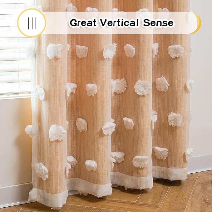 MYSKY HOME Nursery Curtains for Girl Room Yellow Curtains 72 Inches Long Pom Pom White Sheer Curtains for Kids Room Double Layer Toddler Bedroom Grommet Room Darkening Window Panels 52 x 72 Inch