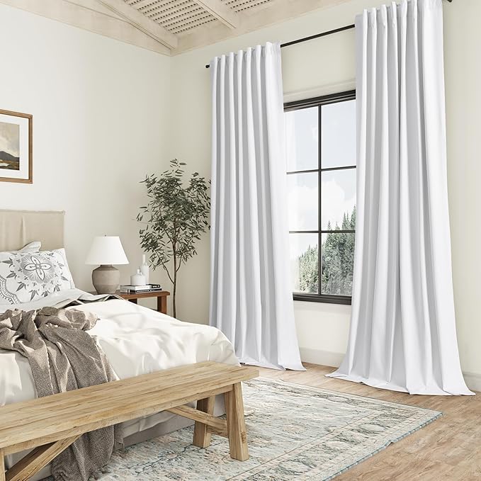 Guken White 100% Blackout Curtains 144 Inch Length 2 Panels Set for Living Room Bedroom Back Tab Thermal Insulated Black Out Linen Drapes Room Darkening Window Curtains