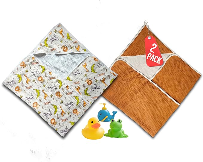 2-Pack Muslin Hooded Baby Towels, 100% Cotton, Towels for Babies, Infants, Toddles, Soft and Absorbent for Boy and Girl, Double Layered Towel with Hood, Babies Muslin Towel Set (Cute Animals)