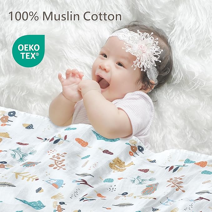 2-Pack 100% Cotton Muslin Swaddle Blankets, Large 47 x 47 Inches — Breathable Soft Receiving Blankets for Newborns, Swaddling Wraps, Baby Essentials, Registry Gift (Forest & Giraffe Duo)