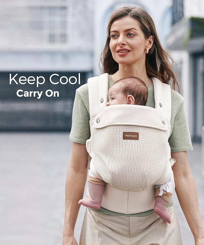 Momcozy Breathable Baby Carrier, Ergonomic and Lightweight Infant Carrier for 7-45lbs with Enhanced Lumbar Support, All Day Comfort for Hands-Free Parenting, Air Mesh-Apricot Beige