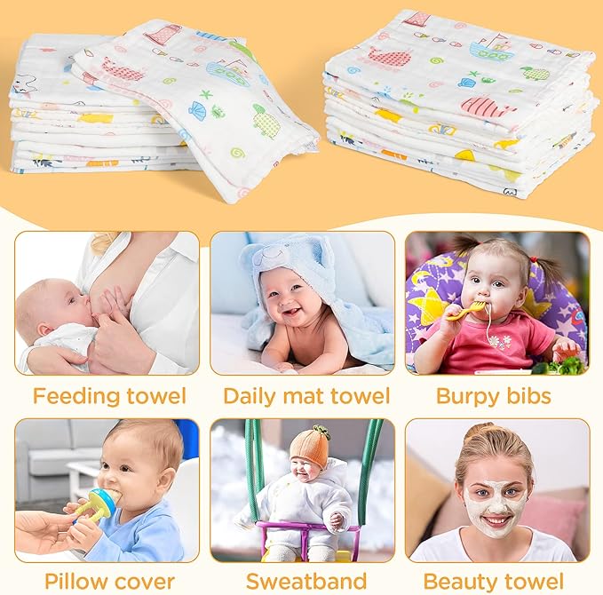 Tatuo 10 Pack Muslin Baby Burp Cloth Soft Washcloths 20'' x 10'' 6 Layer Soft Absorbent Newborn Rags Towel for Baby Shower Boys Girls Machine Washable for Sensitive Skin(Floral Pattern)