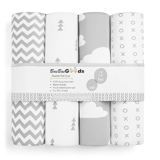 BaeBae Goods Premium Bassinet Fitted Sheet Set - 4 Pack 100% Jersey Knit - Grey and White - Chevron Pattern - Standard Size Oval or Halo Bassinet Pads