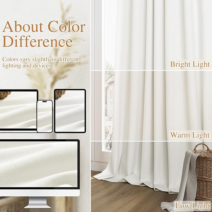 Guken 100% Blackout Linen Curtains 110 Inch Wide by 52 Inch 2 Panels Set for Living Room Bedroom Back Tab Thermal Insulated Black Out Linen Drapes Room Darkening Window Curtains, Ivory