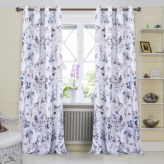 MYSKY HOME Curtains 84 Inches Long for Living Room, Blue Floral Thermal Insulated Light Blocking Grommet drapes, 2 Panels, Grey and Blue.