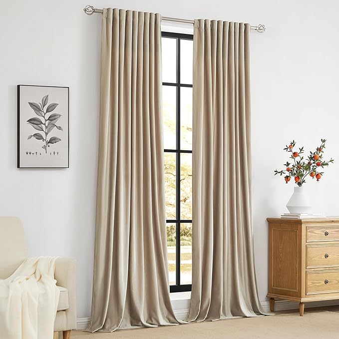 PRIMROSE Champagne Velvet Curtains 120 inch Long for Living Room,Set of 2 Panels Blackout Rod Pocket Back Tab Window Treatment Room Darkening Heavy Decorative Curtains Drapes for Bedroom