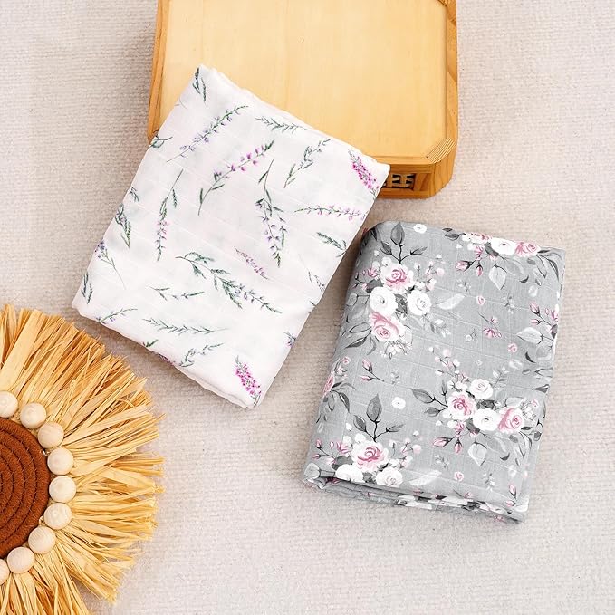 Baby Muslin Swaddle Blankets,2 Pack Receiving Blanket Baby Girl & boy,Large47 x 43 inches,Soft & Skin Friendly Baby Blanket Wrap(Florals)