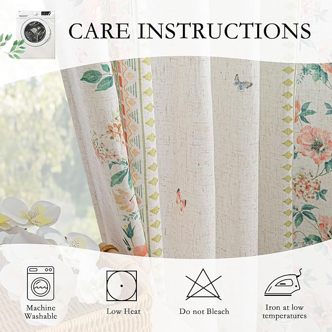 MYSKY HOME Boho Floral Curtains 72 inch for Living Room Semi Sheer Linen Look Butterfly Printed Bohemian Style Farmhouse Window Treatments Light Filtering Back Tab Drapes, 50x84 Inch, Pink, Pack-2