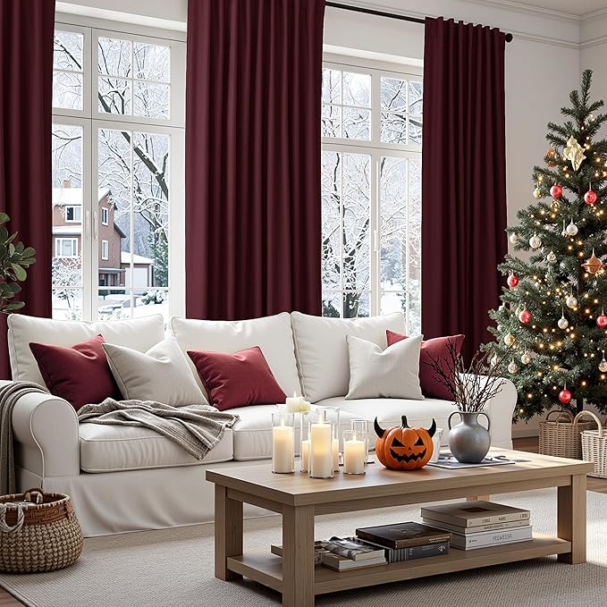 Guken 100% Blackout Curtains 72 Inch Length 2 Panels Set for Living Room Bedroom Back Tab Thermal Insulated Black Out Linen Drapes Room Darkening Window Curtains 72 Inches Long,Burgundy