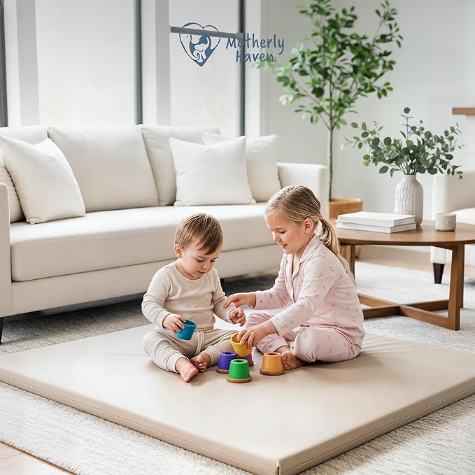 Thick Baby Play Mat – 50x50x1 Rollable Foam Floor Mat for Babies, Tummy Time, Crawling & Safe Indoor Play – Waterproof, Non-Toxic & Easy to Clean – Beige