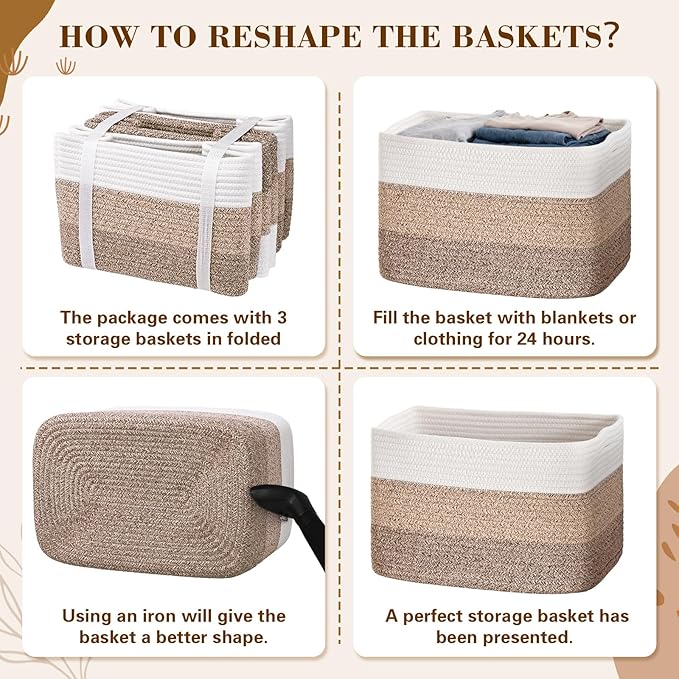 Woven Storage Baskets, Baskets for Organizing, 3 Pack Woven Basket for Storage, Storage Baskets for Shelf, Towel, Toy, Book, Closet, Baby 15"×10"×9"