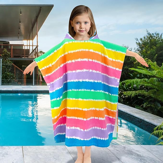 VOOVA & MOVAS Kids Poncho Towels with Hood (4-8Years), Absorbent Lightweight Hooded Beach Towel for Pool | Swim | Bath, Color Stripe