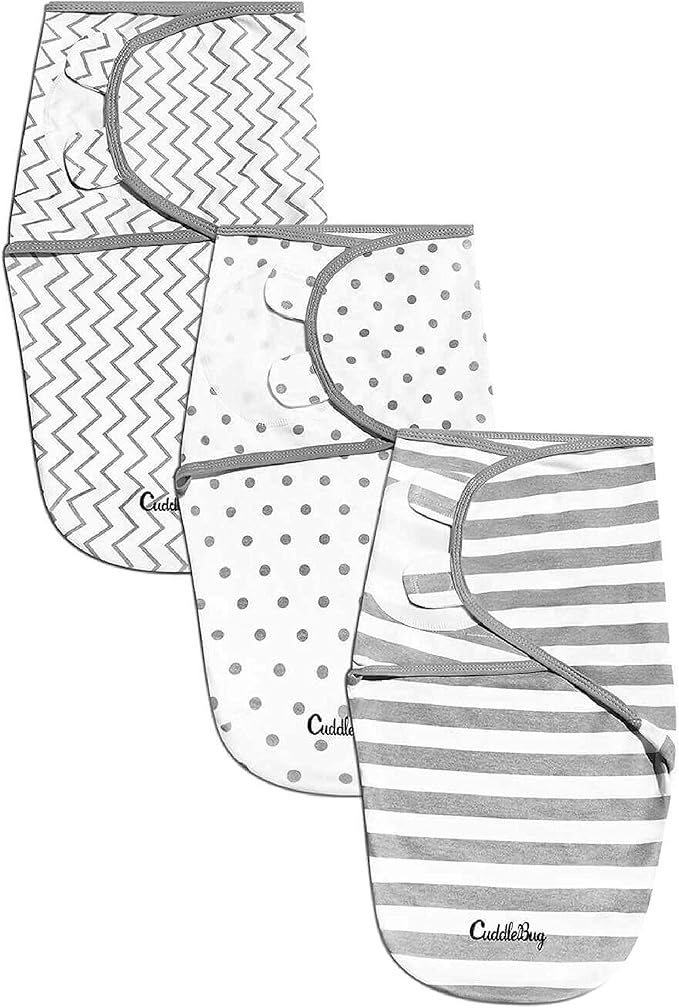 CuddleBug Swaddles for Newborns (3-Pack) - 100% Cotton Velcro Baby Swaddles 0-3 Months, Machine Washable Newborn Sleep Sacks, Snug Baby Swaddle Blanket (Spots & Stripes)