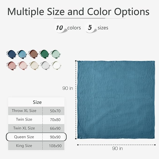 Carriediosa 100% Cotton Muslin Throw Blanket 90" X 90" Queen Size,4-Layers Summer Gauze Throws for Bed Couch,Soft Lightweight Breathable Linen Blankets Bedspread for Adults All Season,Dusty Blue