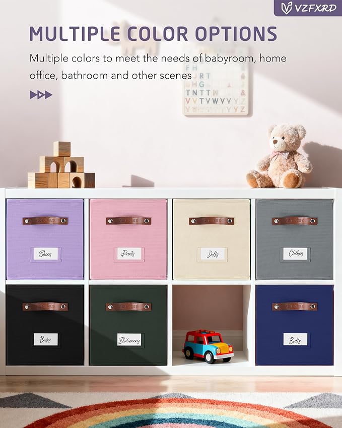 13 Inch Cube Storage Bin Fabric Basket with Handles and Labels, Cube Storage Organizer for Closet, Bedroom, Living Room (Purple,6 Pack)