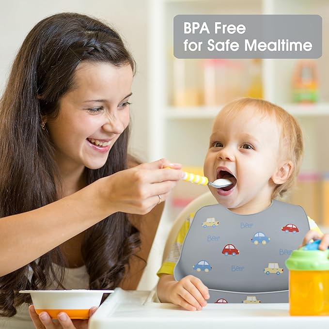 BEBE FAVOUR 2 Pack Silicone Baby Bibs Adjustable Fit Waterproof Bib With Leak Proof Food Pouch Catcher for Eating Boys Girls