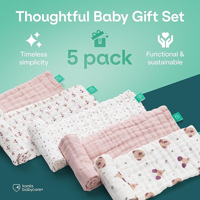 Koala Babycare 5 Pack 20"x10" Muslin Burp Cloths for Baby Boys and Girls - GOTS & Oeko-TEX Cotton Burp Rags for Newborns - Absorbent Neutral Burping Cloths for Feeding - Washable Baby Bibs Essentials