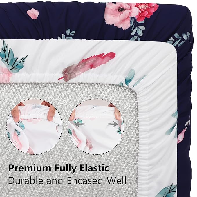 TILLYOU Baby Bassinet Sheets for Girls Boys 2 Pack Baby Sheets for Square Rectangle Oval Bassinet Mattress 33X16 Inch, Floral Flowers