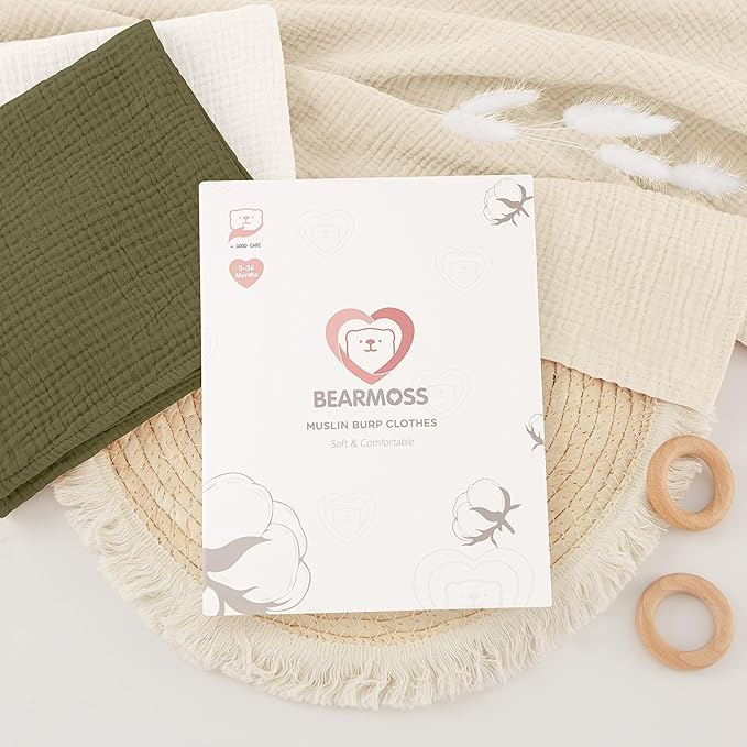 Bearmoss 100% Cotton Muslin Burp Cloths, 6 Pack Absorbent Large Baby Burping Cloths for Boy, Girl, 23.6" X 23.6" Newborn Essentials (Gray Green)