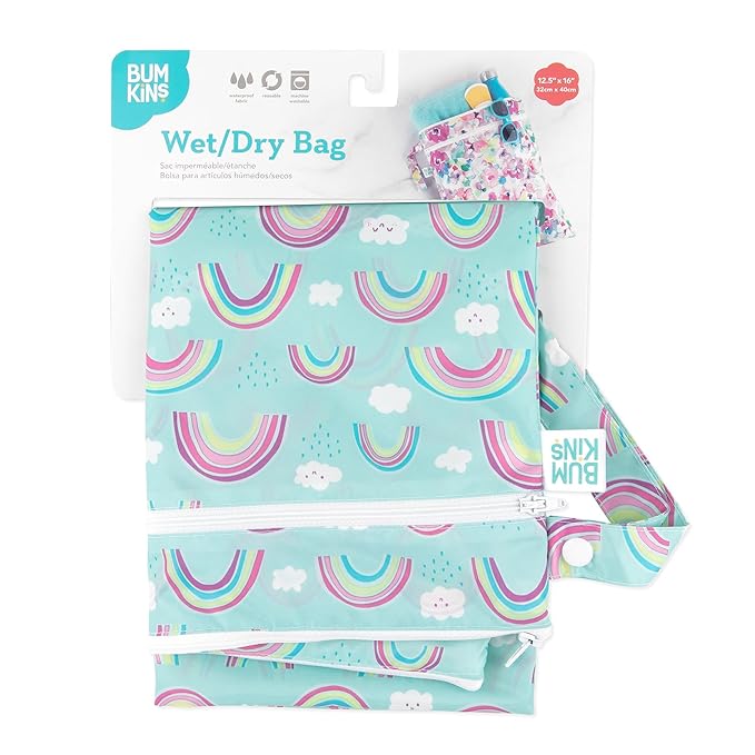 Bumkins Waterproof Wet Dry Bag for Baby, Travel, Swim Suit, Cloth Diaper, Pump Parts, Pool, Beach, Gym Clothes, Toiletry, Hook to Stroller, Daycare, Zipper Reusable Wetdry Packing Pouch, Rainbows Blue