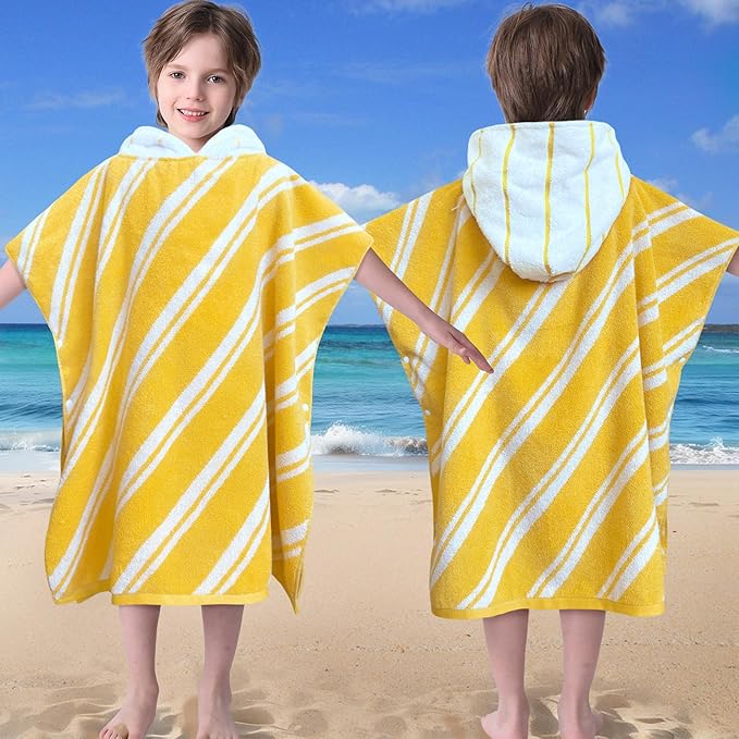 VOOVA & MOVAS Kids Hooded Poncho Towels (4-8Years,27.5"x27.5"),100% Cotton Soft Absorbent Towel for Boys,Perfect for Bathroom | Pool | Beach | Swimming, Jacquard Yellow Stripe