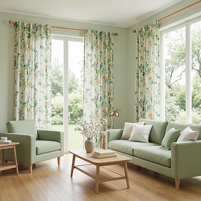 MYSKY HOME Linen Floral Long Curtains 95 Inch Length 2 Panels Set, Sage Green Curtains Semi Sheer Flower Printed Light Filtering French Country Window Curtain for Dining Room, 50" W Each Pane