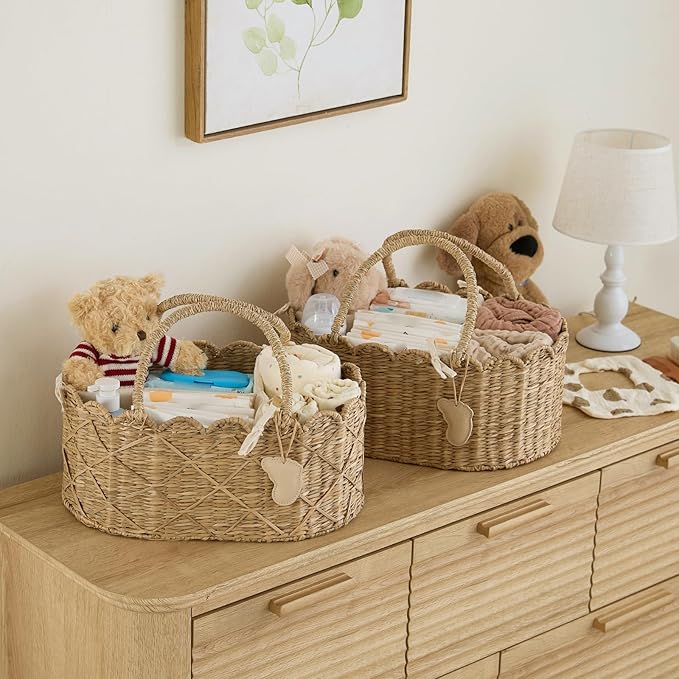 YANGQIHOME Diaper Caddy Organizer, Seagrass Nursery Baby Basket for Baby Essentials, Scalloped Wicker Diaper Caddy, Baby Shower Gifts (MeadowNest)