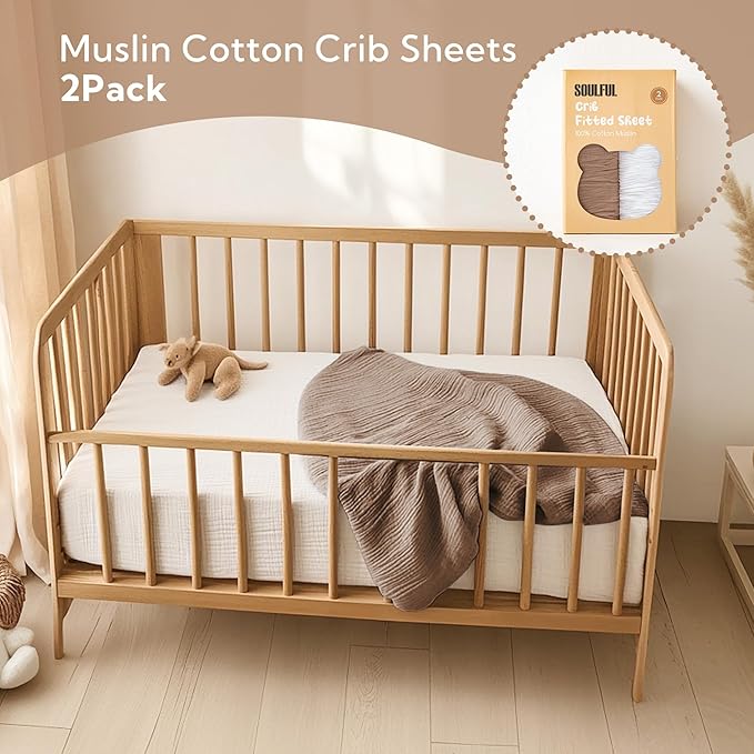 SOULFUL Muslin Crib Sheets for Boys Girls, 3 Pack Soft and Breathable Cotton Fitted Crib Sheets for Standard Crib Mattress (28"x 52", White & Brown)