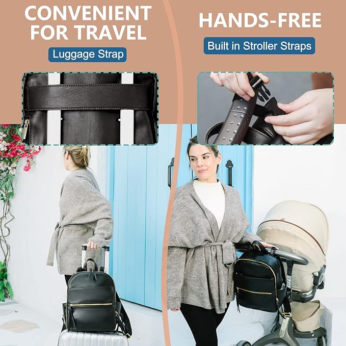 MOMINSIDE Small Diaper Bag Backpack, Mini Diaper Bag with 11 Pockets, Leather diaper backpack, Baby Diaper Bag for Baby Girls, 2 Insulated Pockets, Stroller Straps (Black)